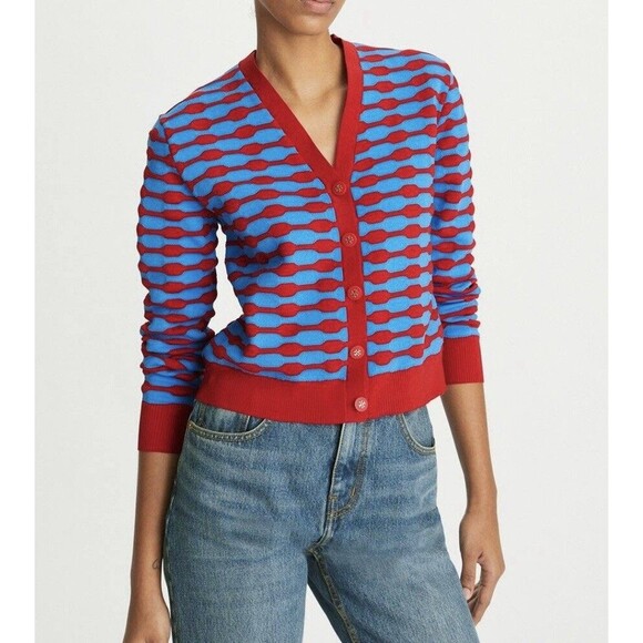 Tory Burch Bubble Stripe Cardigan Sweater Maraschino Red Candy Blue M - Picture 1 of 8